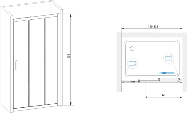 душевая дверь в нишу rgw passage pa-13 (129-131) x195 профиль хром, стекло прозрачное