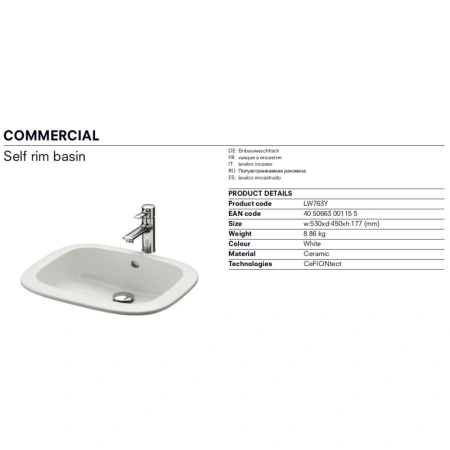 раковина toto public lw763y#xw встраиваемая, 53x45 см, белая