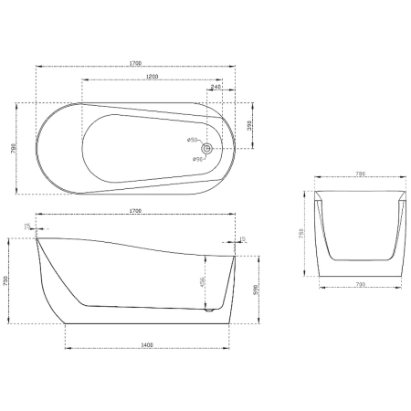 акриловая ванна abber 170х78 ab9491-1.7 без гидромассажа
