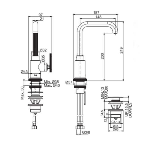смеситель для раковины fima carlo frattini park lane f1321lcs, излив 18.7см., высокий, донный клапан click-clack, цвет: брашированый черный хром