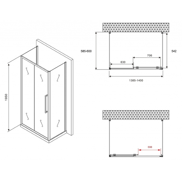 душевой уголок abber schwarzer diamant 140x60 ag30140bхh-s60b-s60b профиль черный, стекло прозрачное