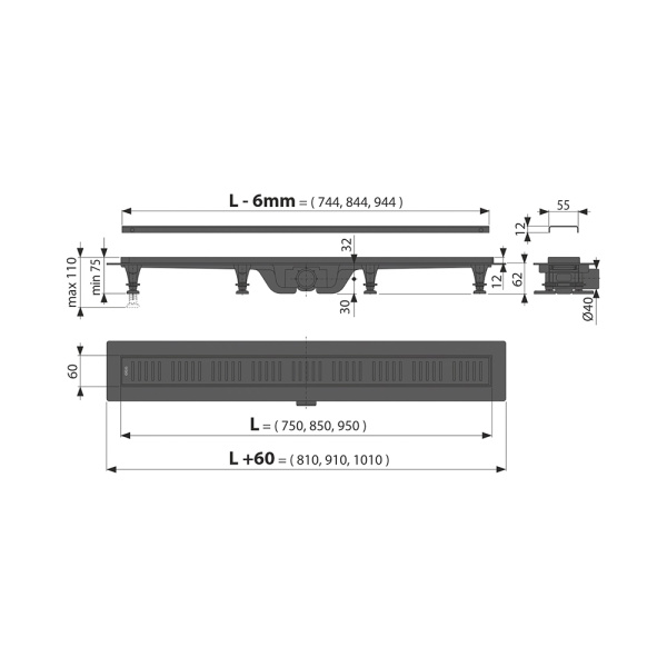 душевой лоток alcaplast apz10black 950 с решеткой и опорами
