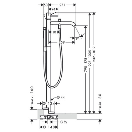 смеситель напольный для ванны axor uno 38442000
