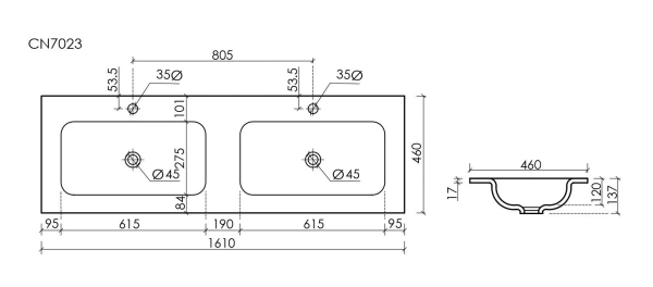 мебельная раковина ceramicanova grace прямоугольная 161см с двумя чашами и отверстиями под смеситель cn7023