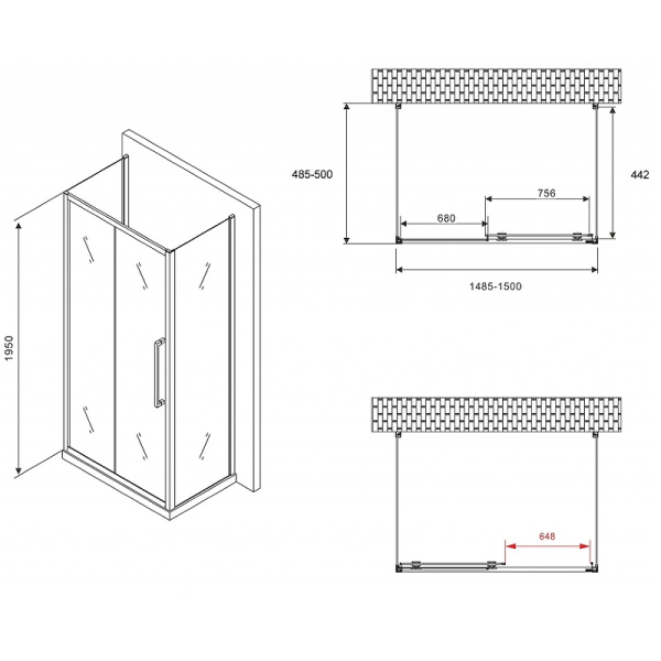 душевой уголок abber schwarzer diamant 150x50 ag30150хh-s50-s50 профиль хром, стекло прозрачное