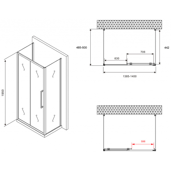 душевой уголок abber schwarzer diamant 140x50 ag30140хh-s50-s50 профиль хром, стекло прозрачное